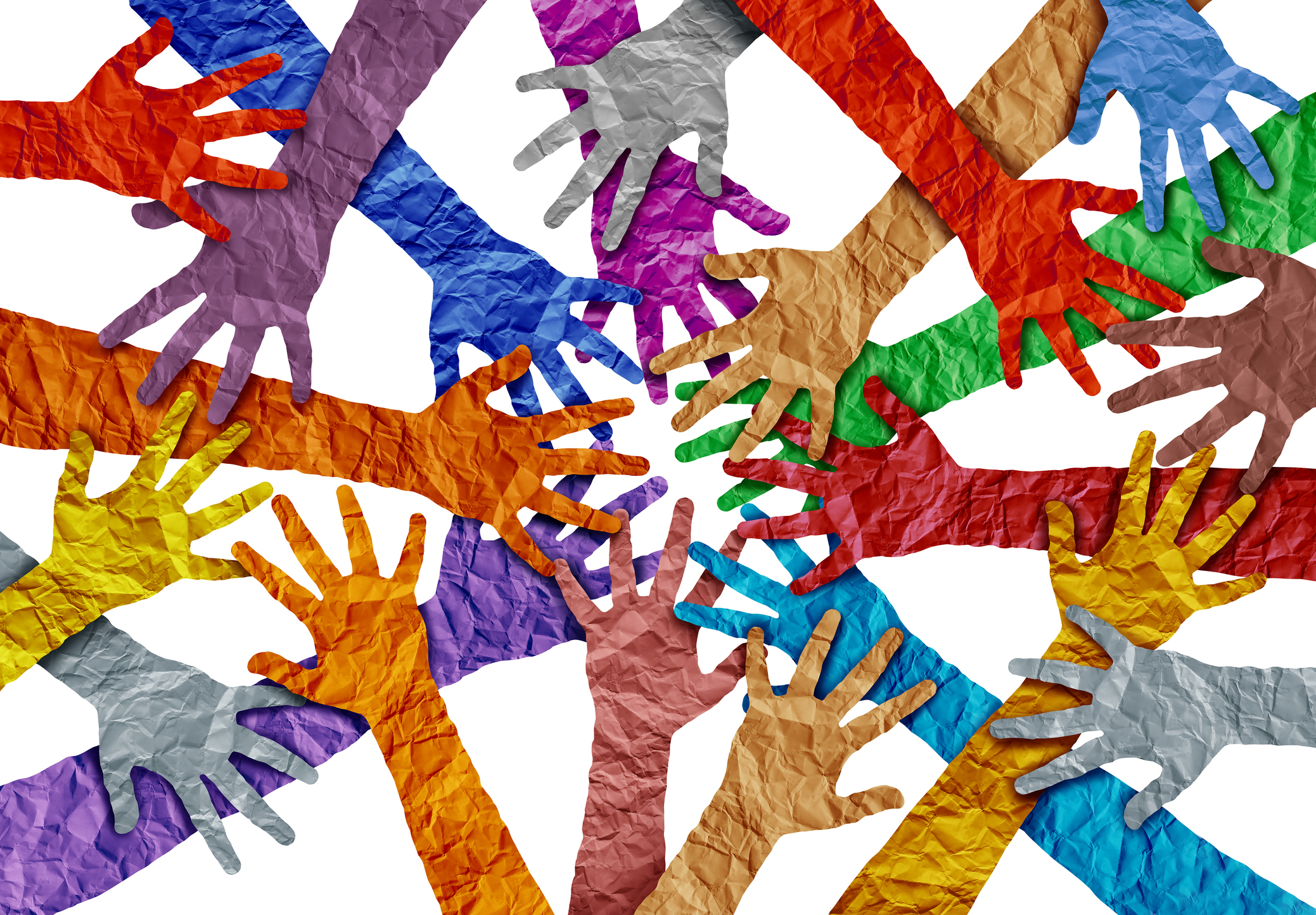 Concept of diversity and crowd cooperation symbol as diverse hands holding together in a 3D illustration style.