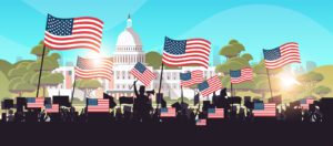 Illustration of people silhouetted against the White House, illustrating how to ensure effective public participation.